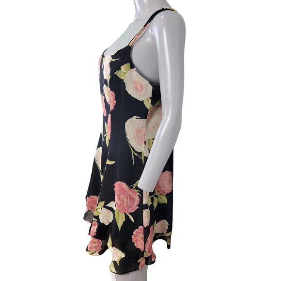 Vintage 90s Floral Mini Dress Medium 10 Petite Black Pink Shift Formal Party Fun - Picture 14 of 14